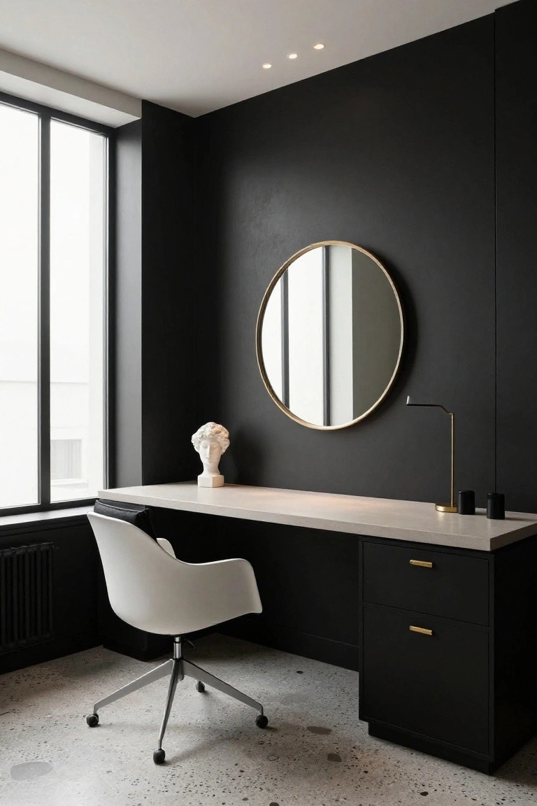 Home office interior with matte black walls, large round gold mirror, white plaster bust on light countertop desk, white molded chair on casters, gold desk lamp, black cabinet, terrazzo floor, and tall window.