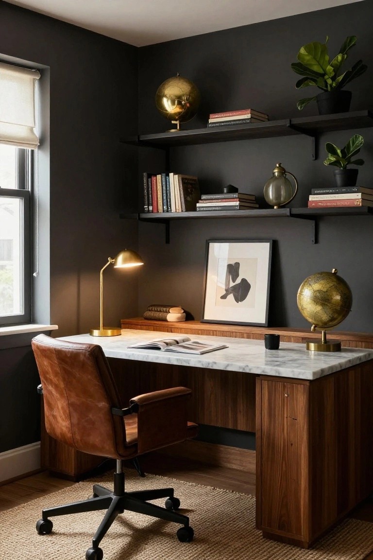 Home office with dark gray walls, walnut wood desk topped with white marble, brown leather desk chair on casters, gold desk lamp, floating black shelves holding books plants and glassware, and two gold globes.