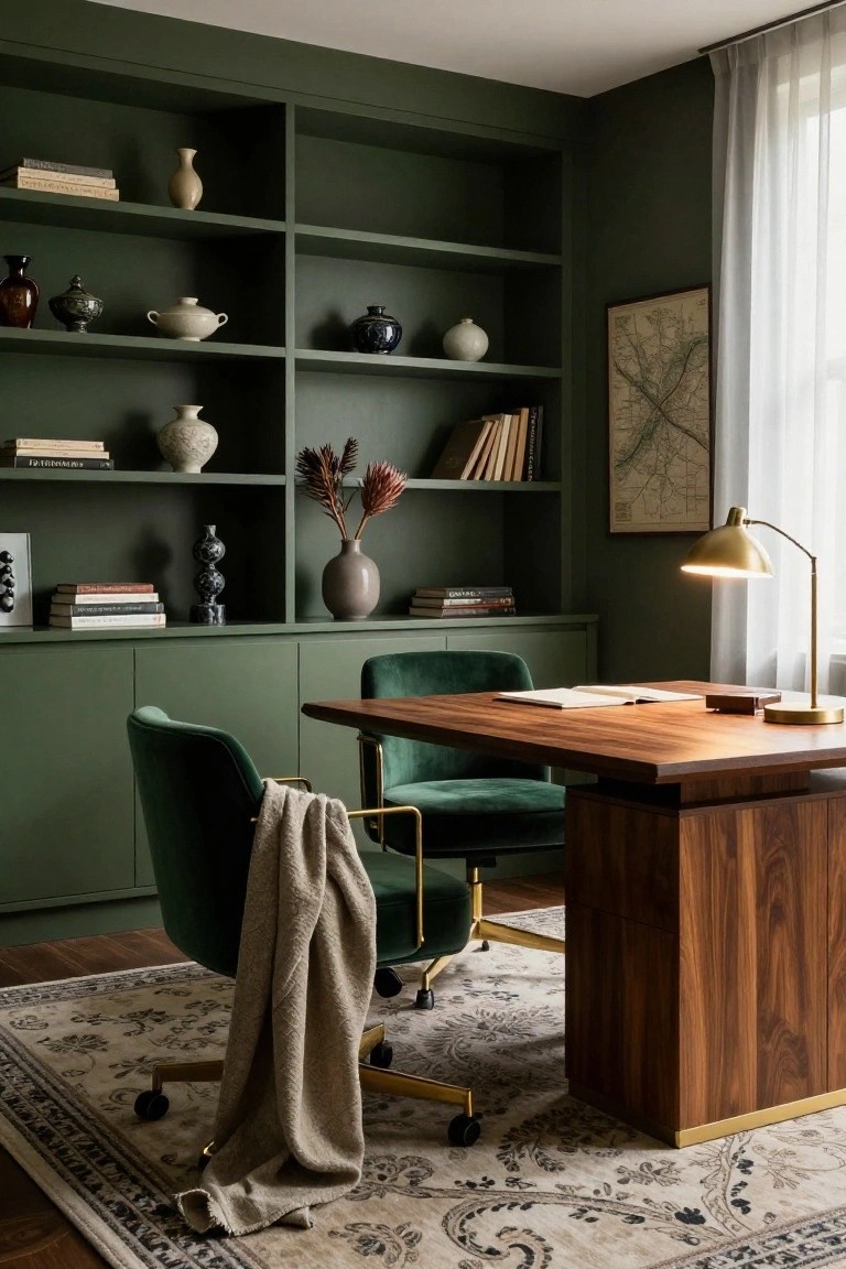 Home office with deep green built-in bookshelves and cabinets stocked with books, ceramics, and dried flowers, a wooden desk, green velvet chair with throw draped over it, brass lamp, and patterned rug.