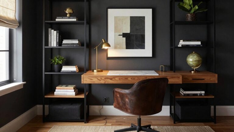18 Practical Luxury Office Color Schemes That Feel Balanced Home office with dark gray walls, walnut wood desk topped with white marble, brown leather desk chair on casters, gold desk lamp, floating black shelves holding books plants and glassware, and two gold globes.