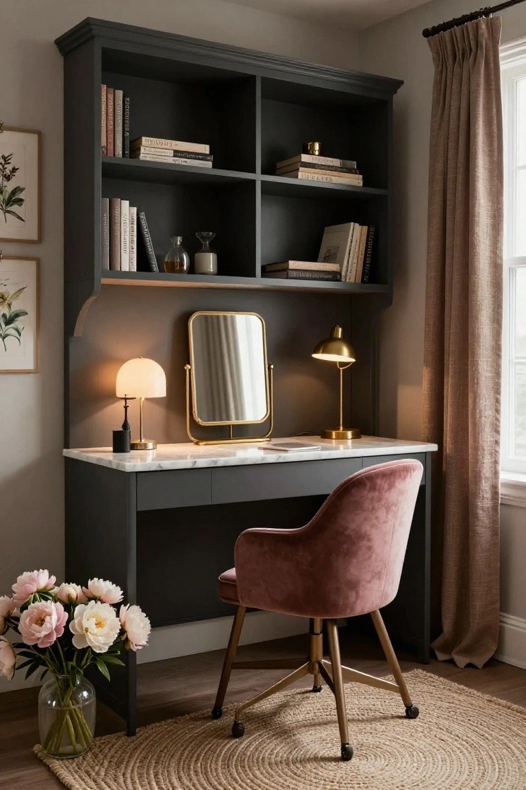 Corner indoor office vanity with dark gray built-in open shelving above and beside a white marble-topped desk, gold oval mirror, two gold desk lamps, pink velvet swivel chair, vase of pink peonies, beige linen curtains on window, seagrass rug on wood floor.