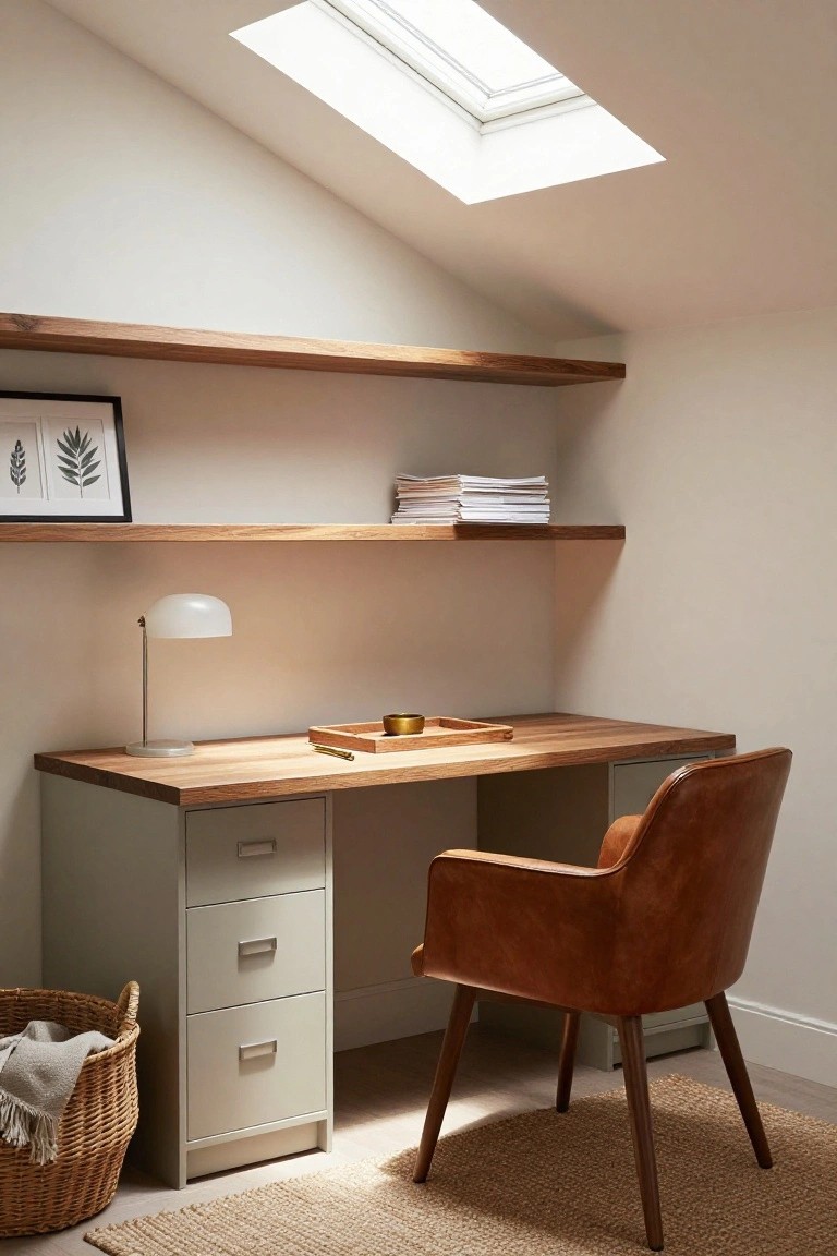 Home office under sloped ceiling with skylight, floating oak shelves, wooden desk with greige cabinets, brown leather chair, opal glass lamp, brass tray, wicker basket, and seagrass rug.