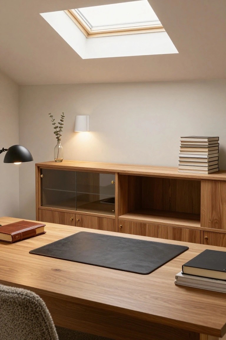 Home office interior with oak wood desk topped by black leather blotter and books, matching credenza with glass doors, black adjustable lamp, white wall lamp, eucalyptus vase, stack of books on credenza, and skylight in white ceiling.
