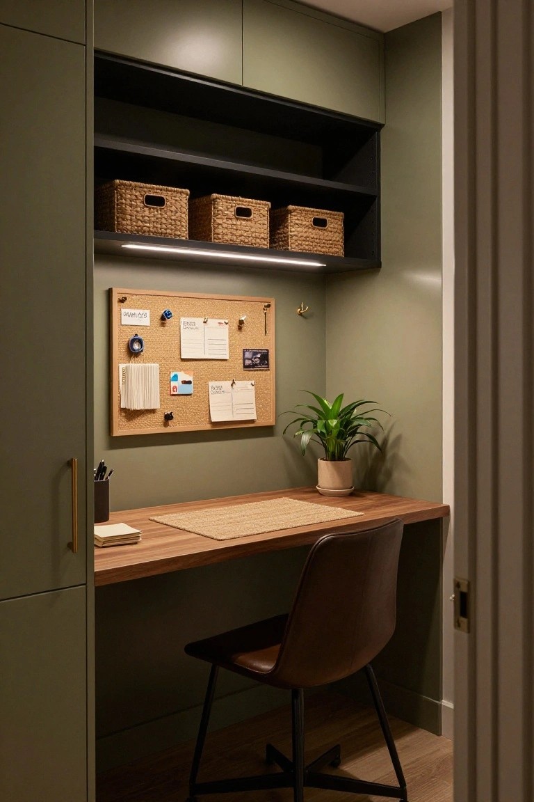 Compact built-in home office nook with sage green cabinets, black upper shelves with wicker baskets, cork bulletin board on wall, wooden desk topped with papers and seagrass mat, brown leather chair, and potted plant next to desk.