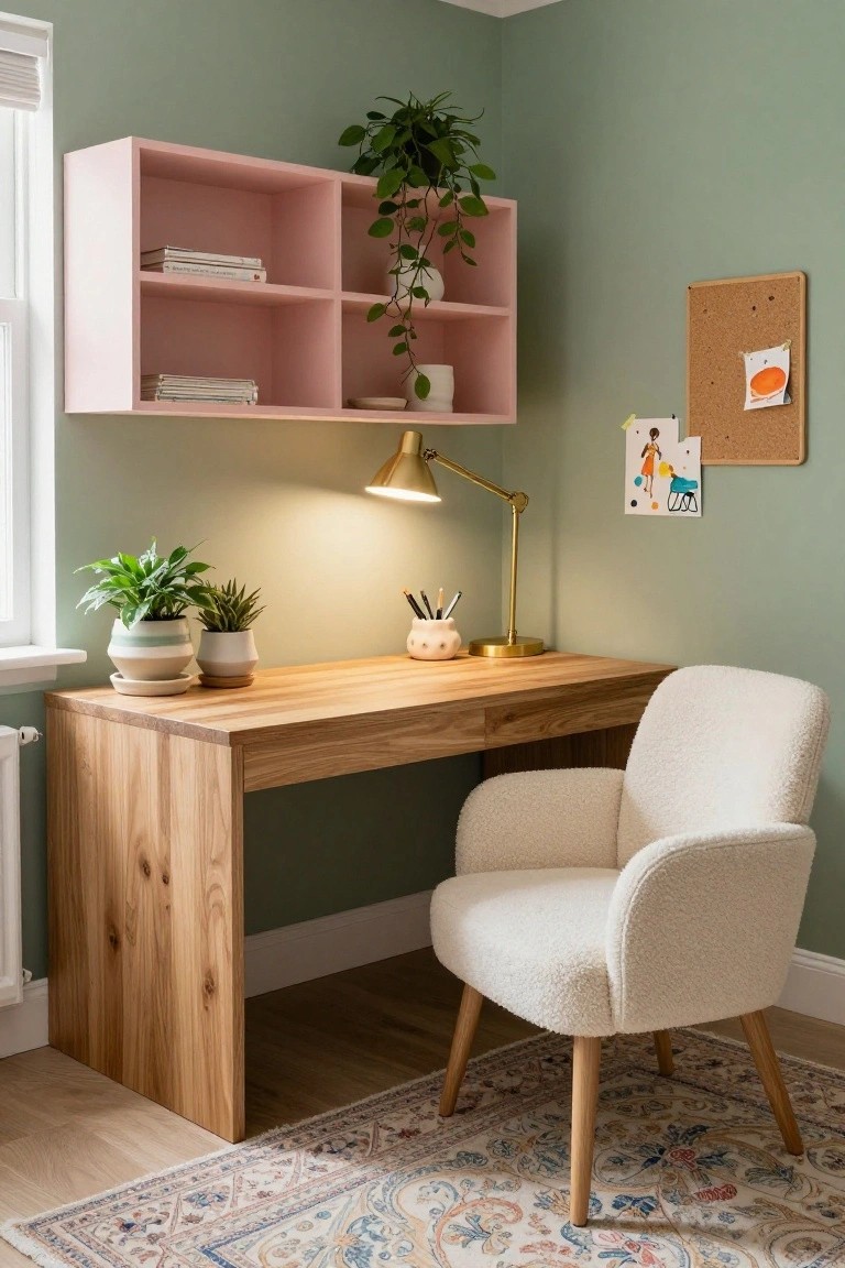 Sage Green Walls with Pink Shelves