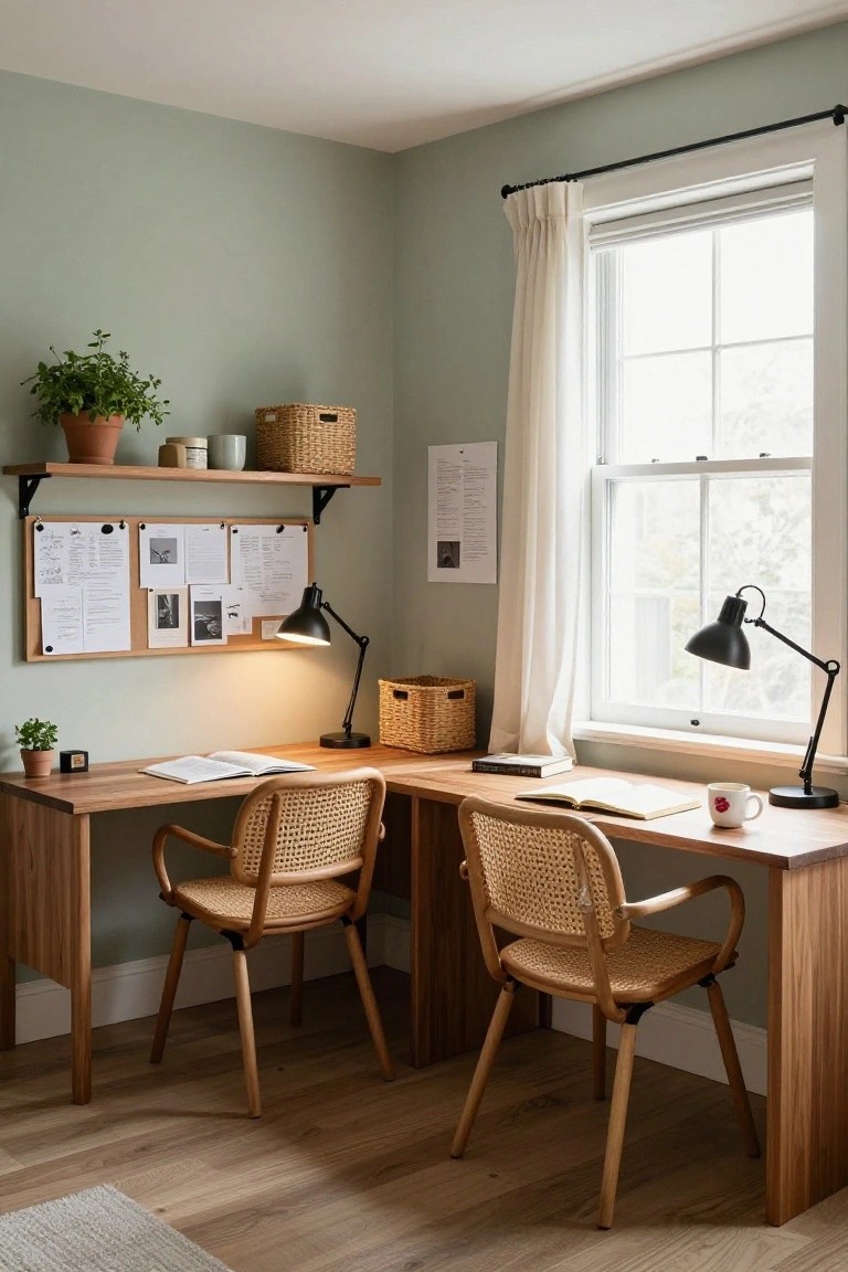 Corner home office featuring two wooden desks with rattan chairs, sage green walls, wooden shelves holding plants and baskets, a corkboard, desk lamps, and a window with white curtains.