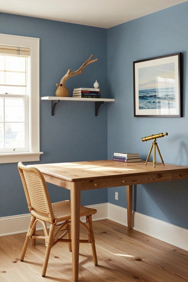 Corner home office with pale blue walls, wooden desk holding stacked books and brass telescope on tripod, rattan chair, floating white shelf with driftwood branch, woven basket, vase, books, and framed seascape painting beside window.