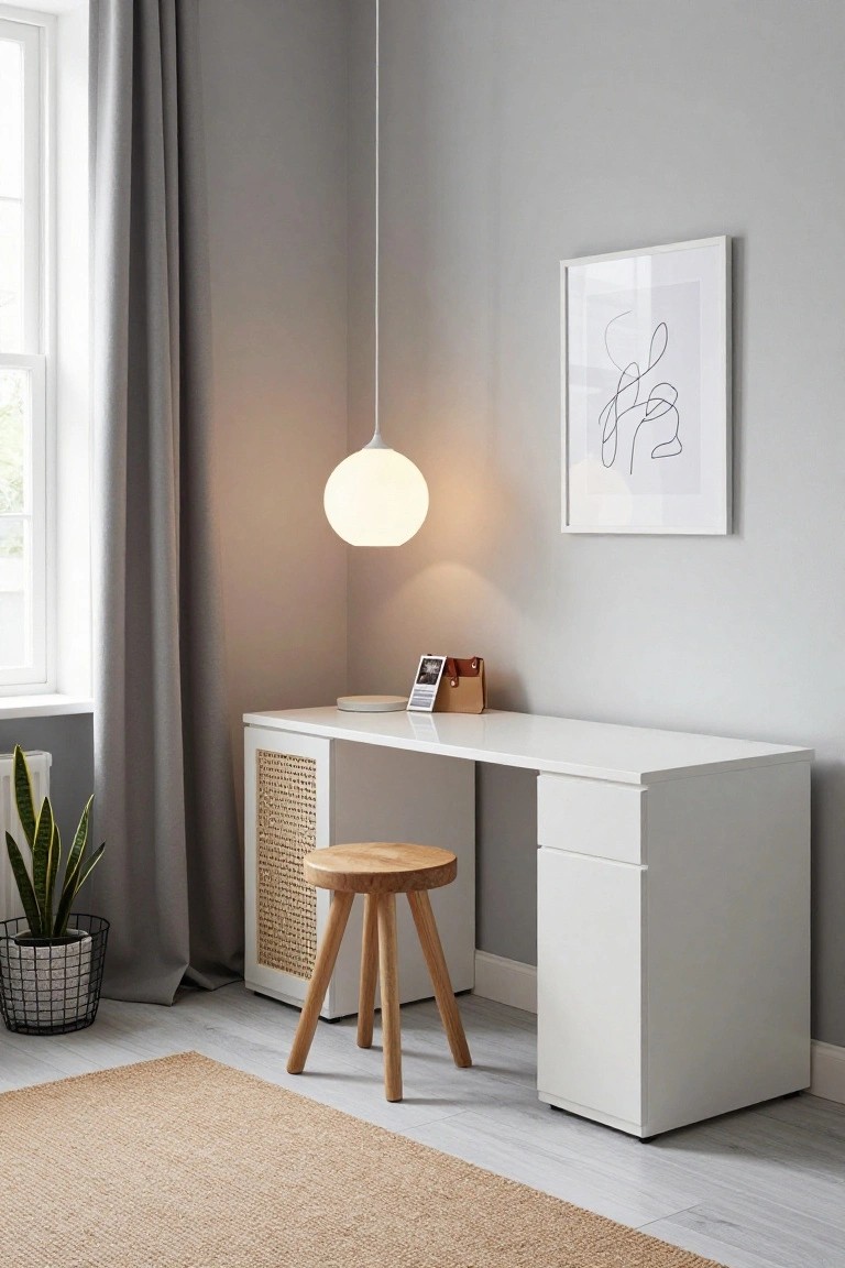 Home office corner featuring light gray walls, white desk with drawers and rattan-fronted cabinet, wooden stool, snake plant in wire basket, beige rug on light wood floor, overhead white pendant lamp, and framed abstract line drawing on wall.