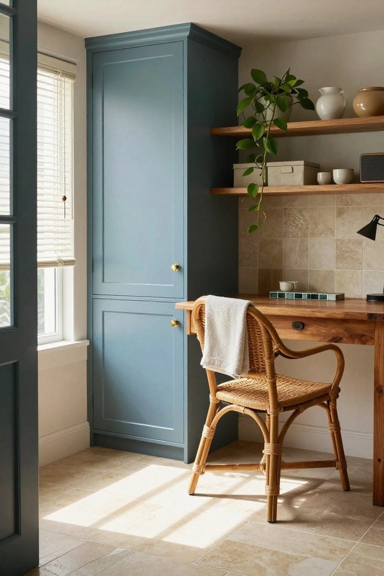 A sunlit home office with a tall teal cabinet beside a wooden desk and rattan chair, beige tiled backsplash, wooden shelves holding plants and ceramics, and a window with blinds.