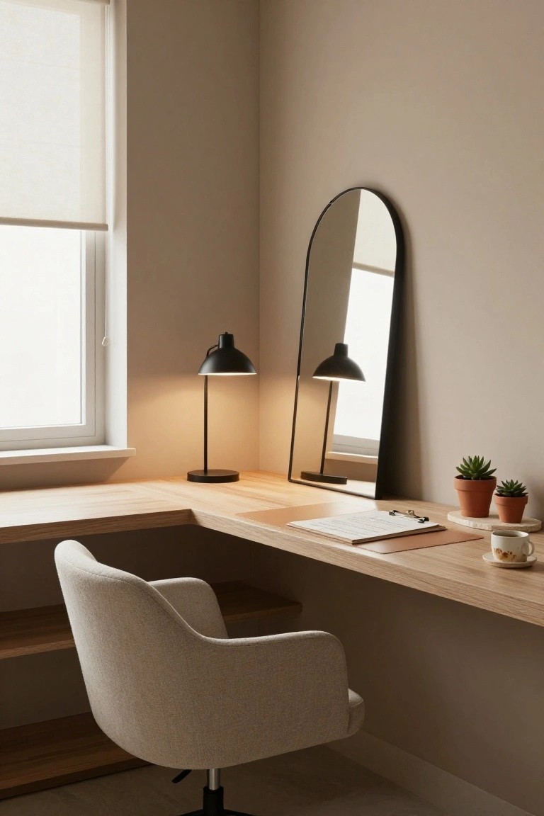 Corner home office with beige walls, light wooden L-shaped desk, cream fabric armchair, black desk lamp, tall arched black mirror, small potted succulents, open notebook, and window with sheer blinds.