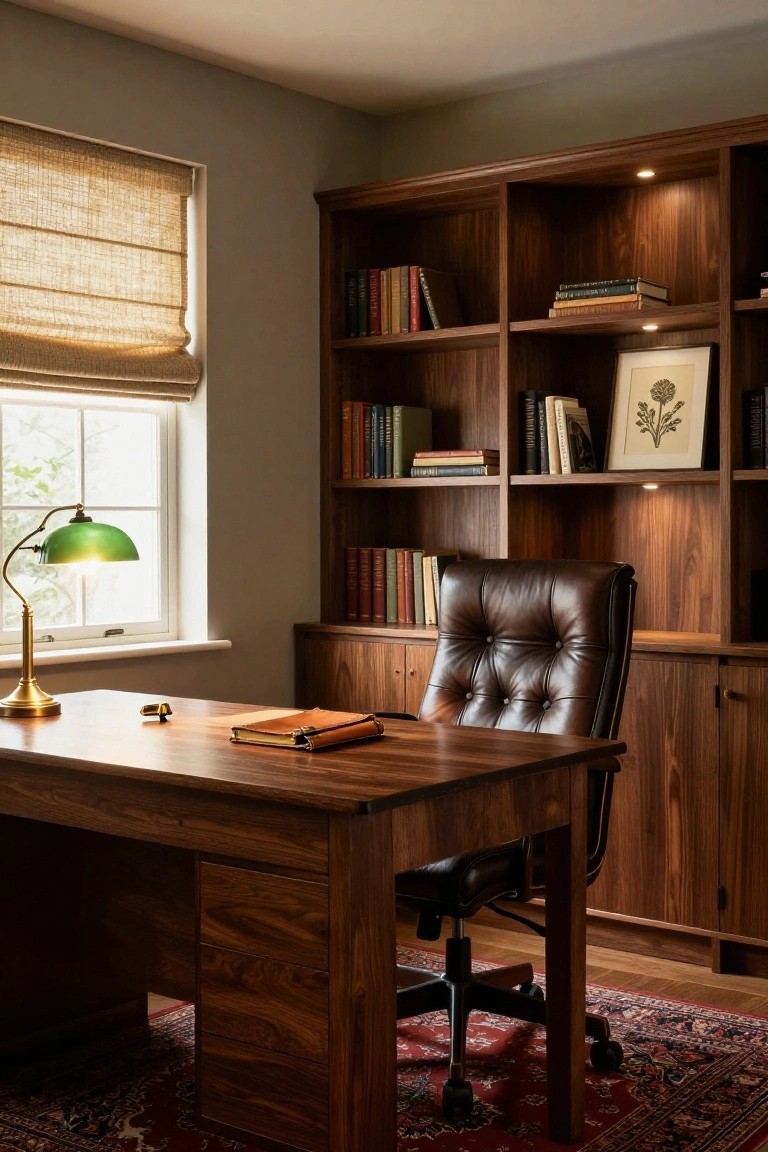 Home office with walnut wood built-in bookshelves and desk, brown tufted leather desk chair, green glass desk lamp on brass base, open leather notebook on desk, reed window shade, and Persian rug on wood floor.