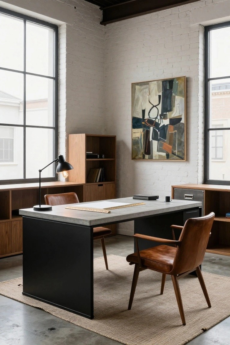 Home office with exposed white brick walls, large black-framed windows, wood shelving units, gray concrete-top desk on black metal legs and frame, tan leather armchairs, desk lamp, abstract wall art, and beige rug on polished concrete floor.