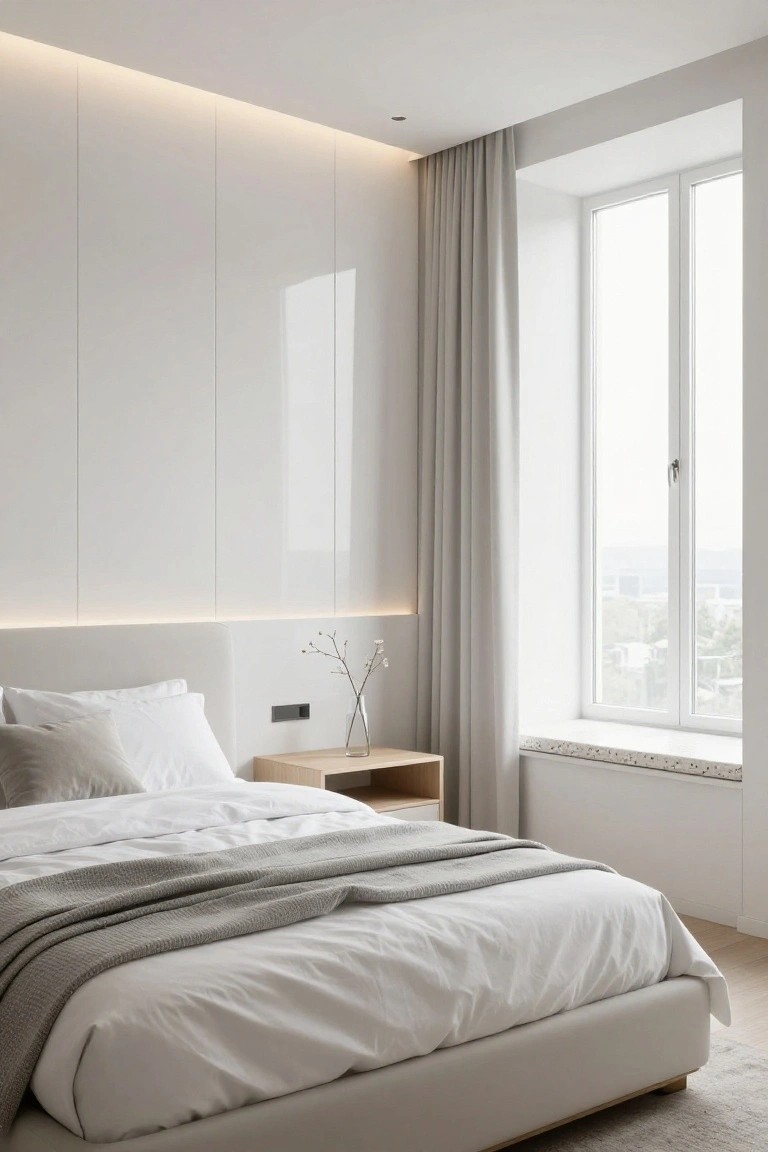 White paneled bedroom with gray bed, pillows, throw blanket, wooden nightstand holding a vase of branches, large window with gray curtains and window seat overlooking cityscape, recessed LED lighting on walls and headboard.