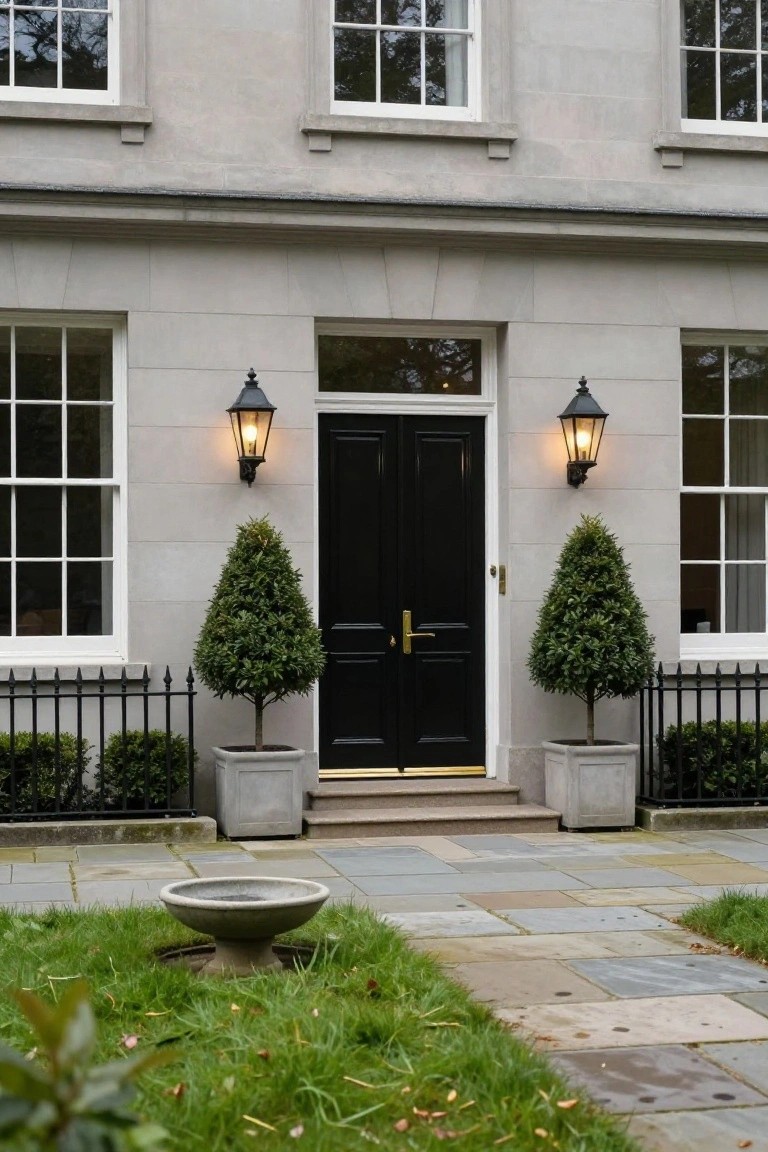 Gray stone townhouse facade with black double front doors, brass knocker and handle, wall lanterns, symmetrical potted topiary trees in stone planters beside black iron railings, stone steps to paved path, birdbath on lawn.