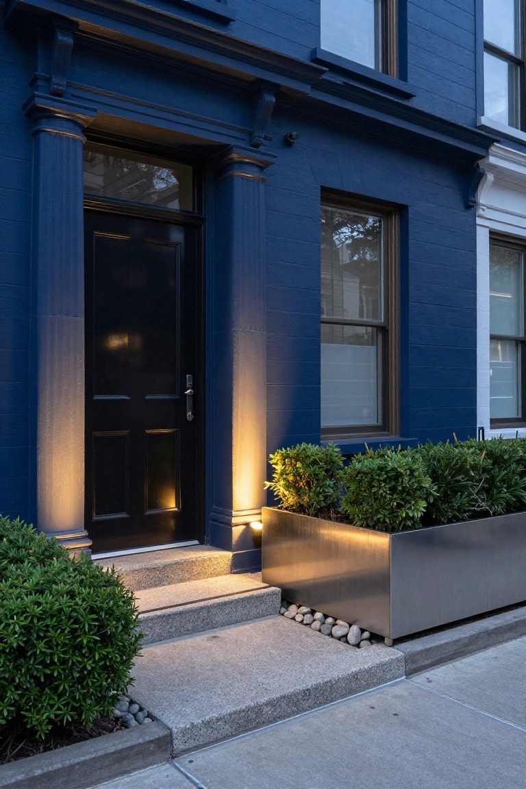 Dark blue painted brick townhouse exterior with fluted columns flanking a black paneled front door, concrete steps, boxwood shrubs in rectangular metal planters, pebble mulch, and warm uplighting at dusk.