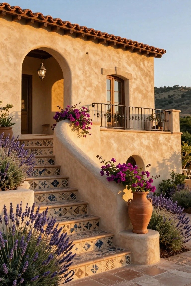 Beige stucco house with terracotta tile roof, curved outdoor staircase featuring blue-and-white patterned tile risers flanked by lavender plants, arched entry doorway, upper wrought-iron balcony with purple bougainvillea, terracotta pot, set against hillside at sunset.