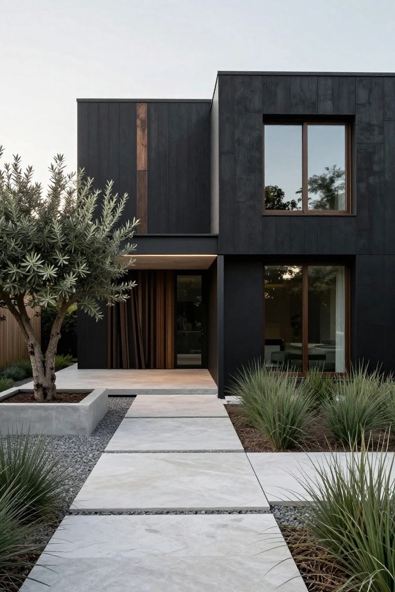Modern house exterior featuring black wood cladding, vertical wood slats at the entry, large window with wood frame, olive tree in concrete planter, wide stone paver pathway, grasses, and gravel edging.
