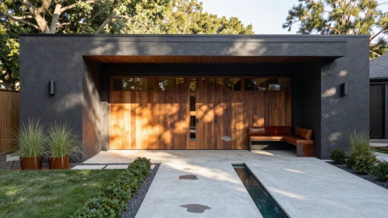 Modern house exterior with large horizontal-plank wooden garage door, dark stucco walls, arched entry alcove containing bench and plants, narrow rectangular water feature along concrete pathway, and ornamental grasses in metal pots.