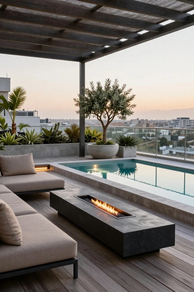 Rooftop terrace with rectangular pool, linear gas fire pit between beige outdoor sofas and pool edge, potted plants and olive tree, concrete planters, wooden decking under shaded pergola, city buildings in background at dusk.