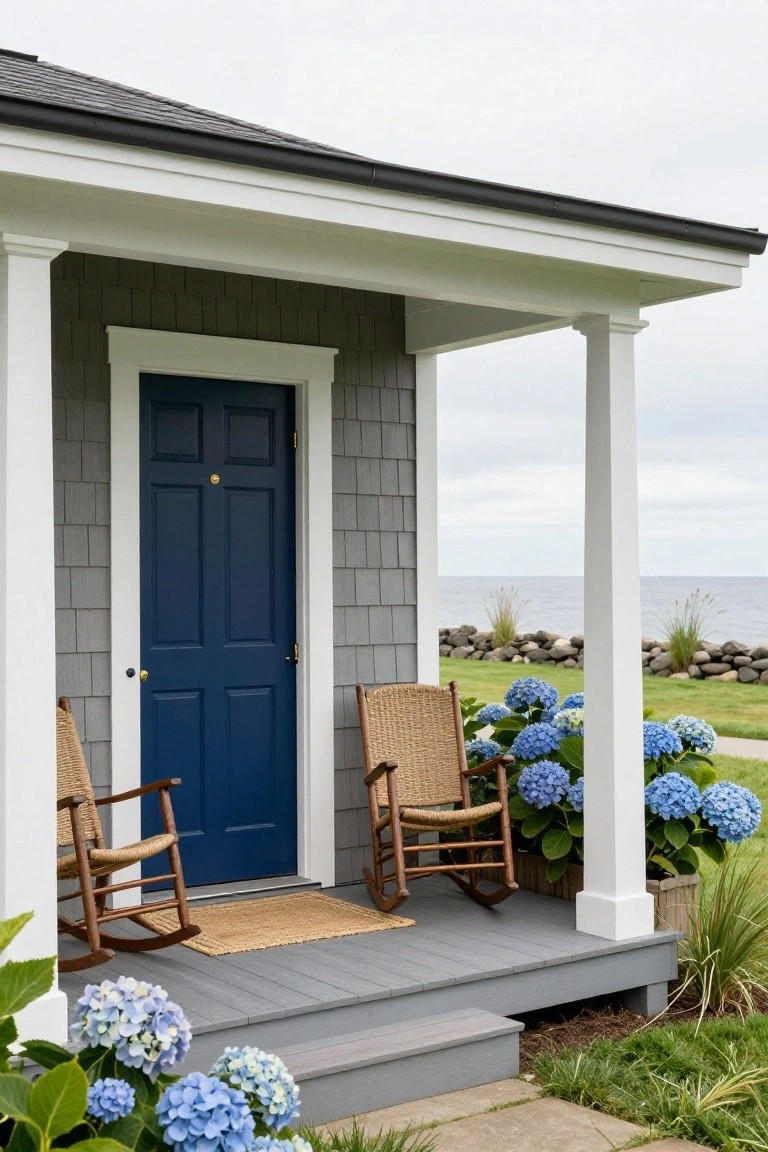 Gray shingle-clad house exterior with navy blue six-panel front door, white trim and porch columns, two wicker rocking chairs on a gray deck, blue hydrangeas, stone wall, and ocean view.