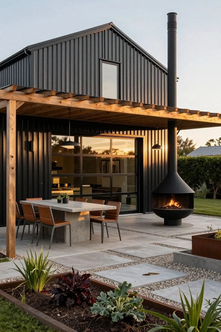 Black corrugated metal house with wooden pergola-covered patio, concrete dining table with leather chairs, freestanding black fire pit, paver terrace, and garden beds at dusk.
