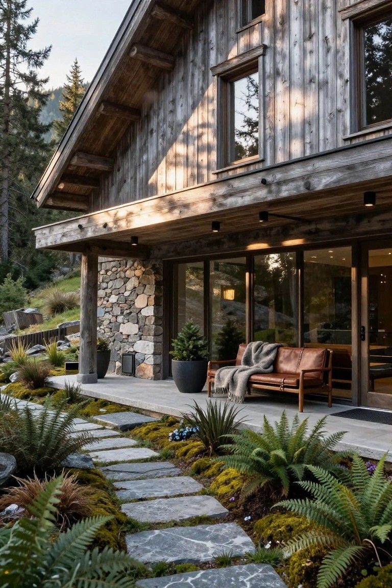 Chalet-style house exterior with gray wood plank siding over a stone base, large sliding glass doors to a covered porch with tan leather bench and potted plants, mossy stone path edged by ferns and grasses in a forested setting.