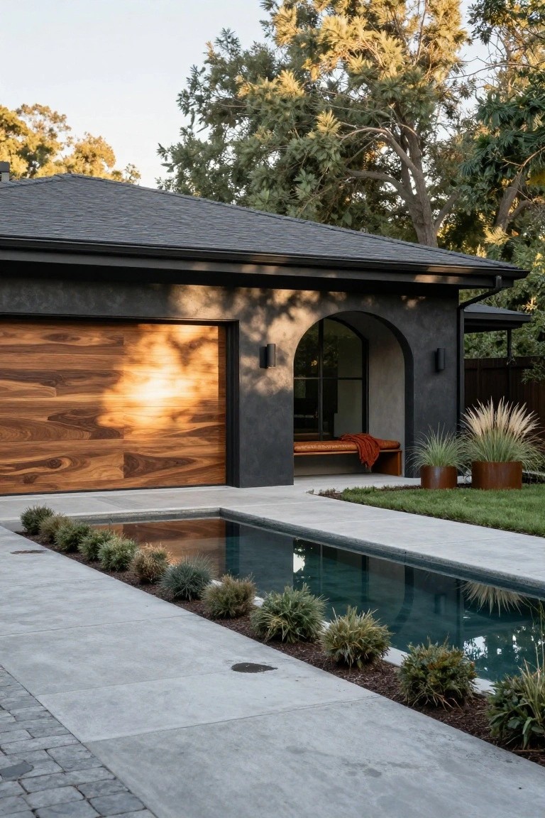 Modern house exterior with large horizontal-plank wooden garage door, dark stucco walls, arched entry alcove containing bench and plants, narrow rectangular water feature along concrete pathway, and ornamental grasses in metal pots.