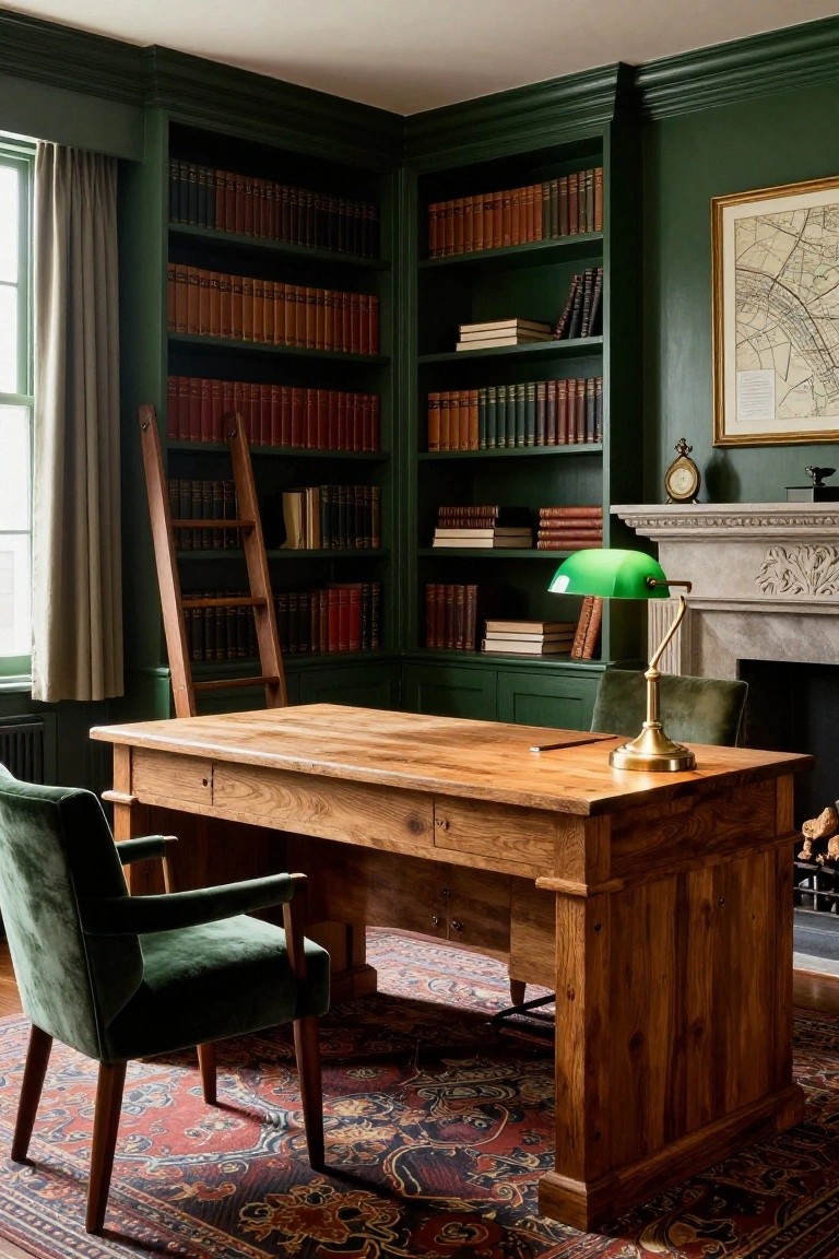 Corner view of an emerald green paneled office with tall wooden bookshelves filled with books and a sliding ladder, wooden desk with green velvet armchair, green banker's lamp on desk, and marble fireplace with clock above.