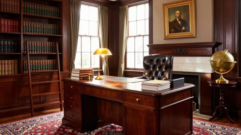 Wood-paneled corner office with floor-to-ceiling bookshelves, large wooden desk, two leather armchairs, brass lamp, globe, fireplace mantel, and framed portrait on the wall.