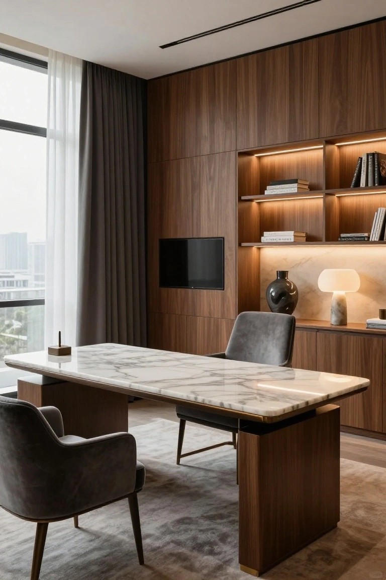 Modern executive office interior with full-height walnut wood paneling and cabinets, backlit shelves holding books, white marble-topped desk with matching wood base, two gray upholstered chairs, table lamp, and large window with city view.