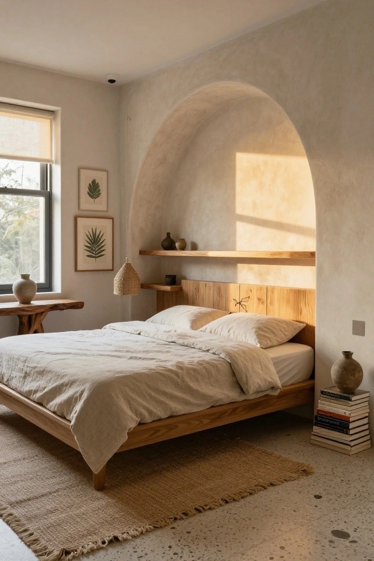 Bedroom with a low wooden platform bed set against a curved beige plaster wall arch containing wooden shelves, ceramic pots, and a hanging basket lamp, next to a window with plant artwork, wooden side table, seagrass rug, and concrete floor.
