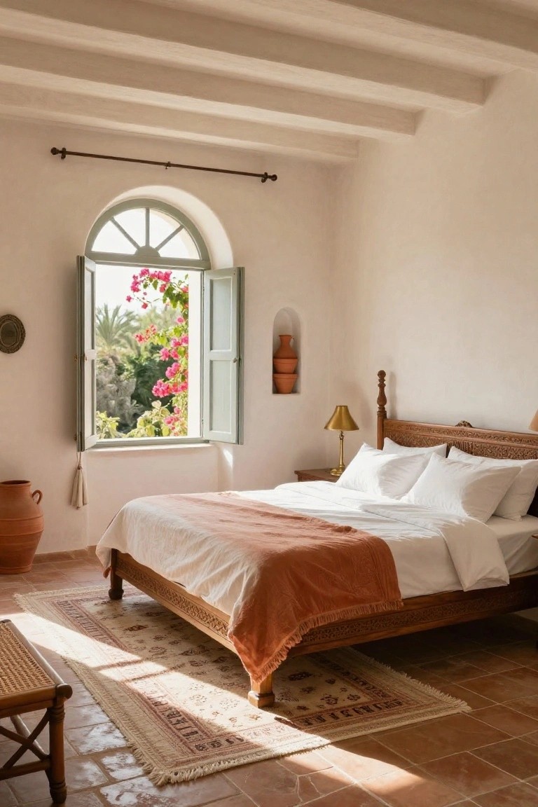 White bedroom interior with exposed wooden beams, arched green-shuttered window open to bougainvillea vines, palm trees, and greenery outside, wooden bed with white linens and orange throw, terracotta tile floor, and terracotta pots.