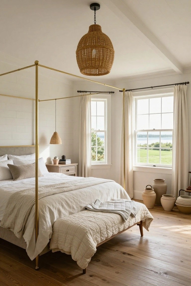 A bedroom with white brick walls, a tall brass four-poster bed covered in white linen bedding and pillows, rattan pendant lights overhead and beside the bed, large windows with sheer curtains showing a view of green fields and water, wooden nightstand, bench at bed foot, and ceramic pots on wooden floors.