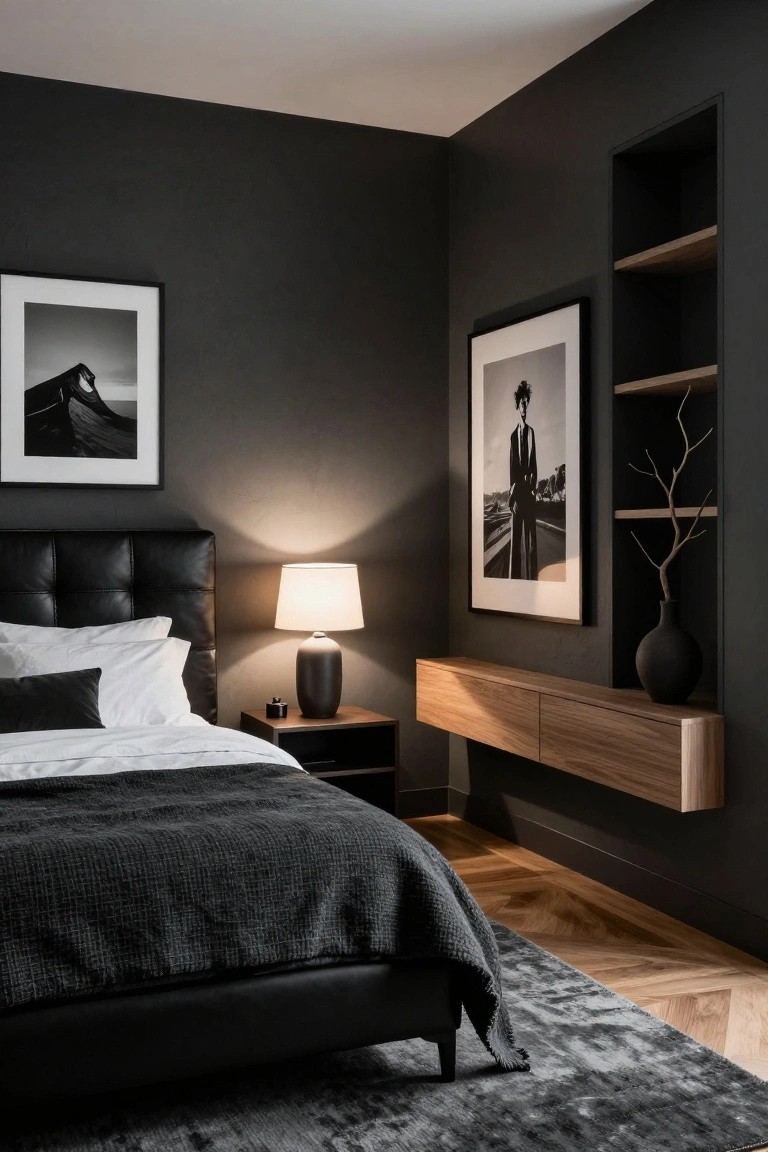 Corner view of a bedroom with dark gray walls, black leather tufted headboard bed, white bedding and gray throw, wooden floating shelf and nightstand with black lamp, black-and-white framed photos, built-in shelves with vase and branch, and gray rug on herringbone wood floor.