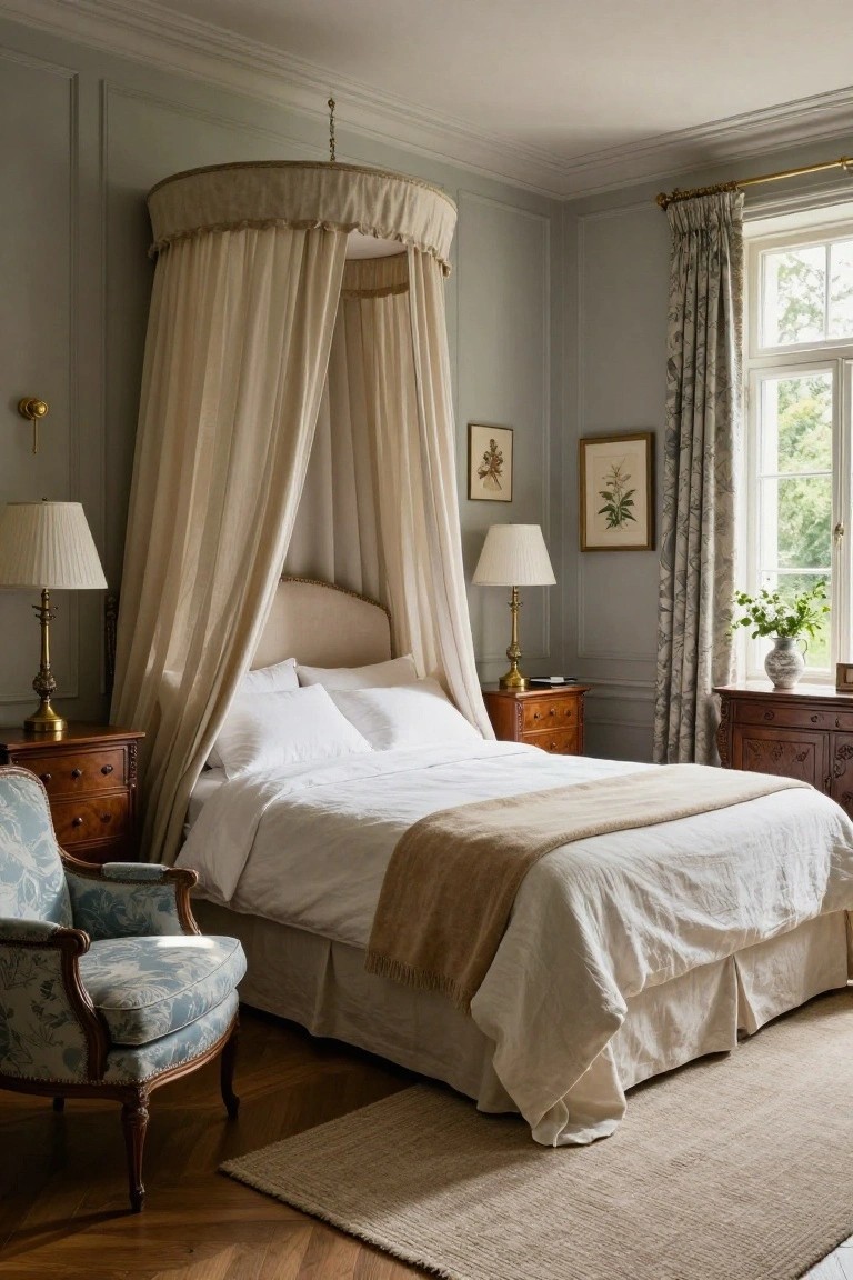 Bedroom with a bed under a beige fabric canopy suspended from the ceiling, flanked by wooden nightstands with lamps, a blue armchair, floral curtains at the window, and hardwood floors.