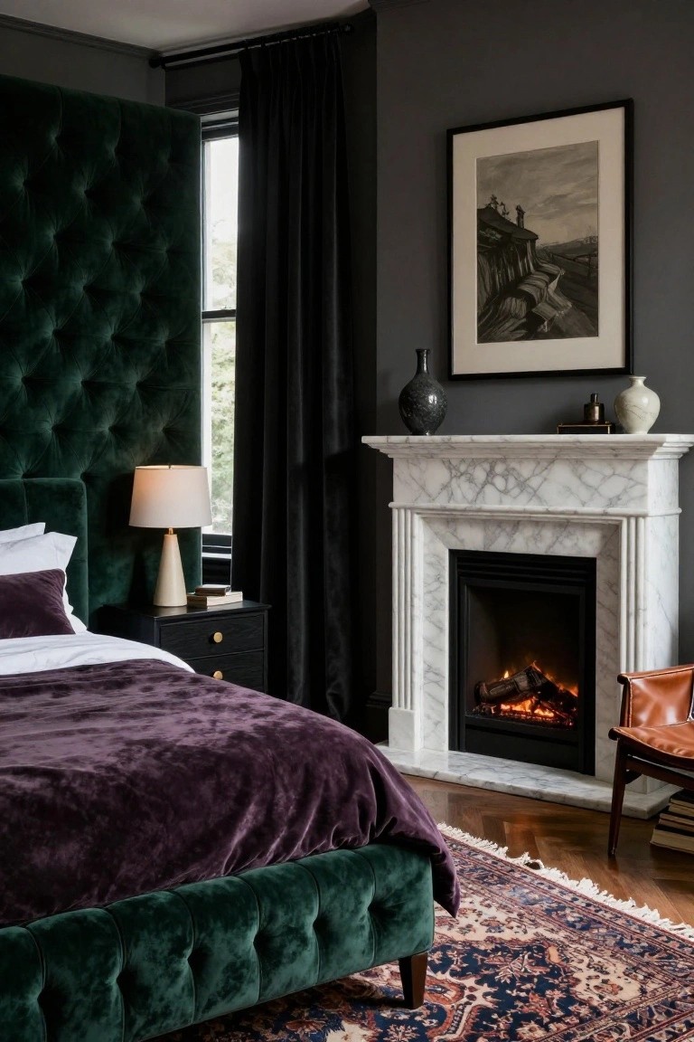 Bedroom interior with emerald green tufted velvet upholstered bed frame and headboard, purple bedding, black bedside table with lamp, marble fireplace with gas fire, dark curtains on window, and Persian rug on herringbone wood floor.