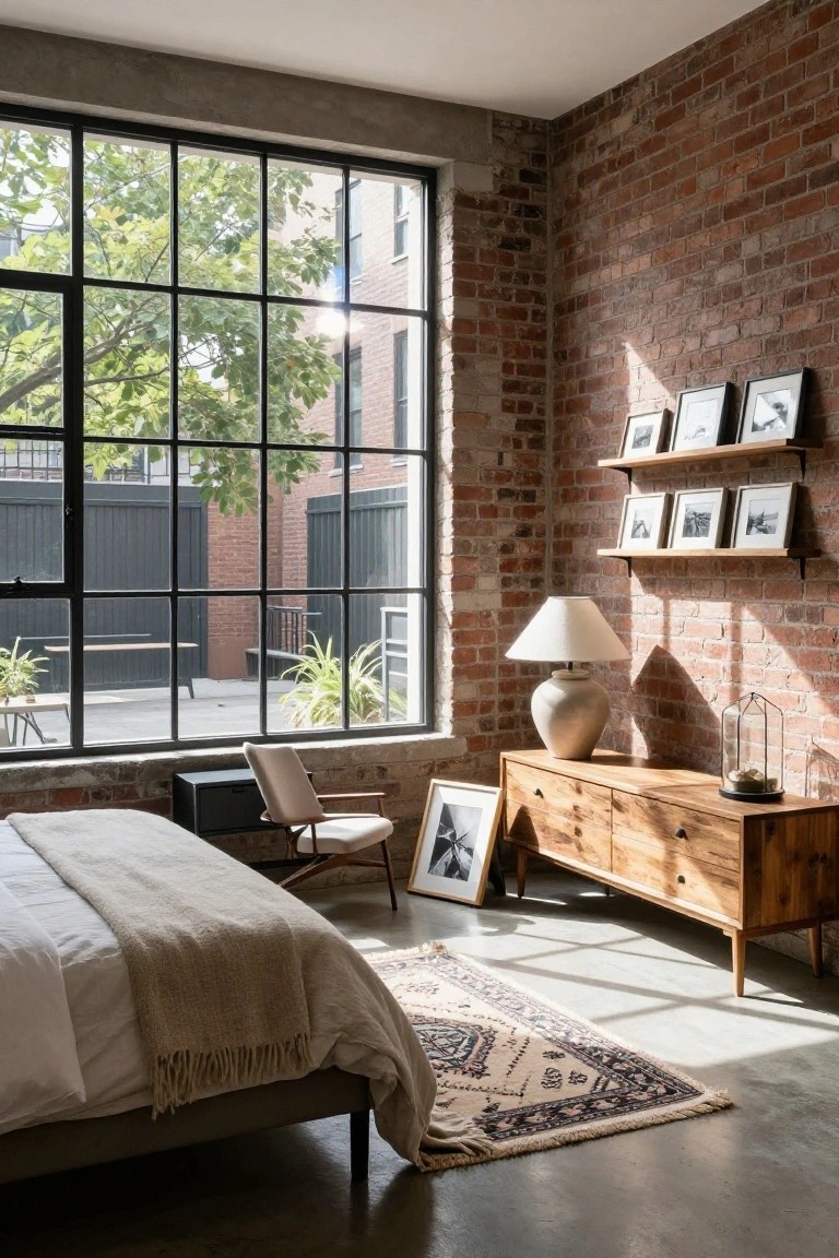 Sunlit bedroom with exposed red brick walls, large black metal windows showing trees outside, wooden six-drawer dresser, white bed with beige throw and rug, chair, lamp, and framed photos on shelves.