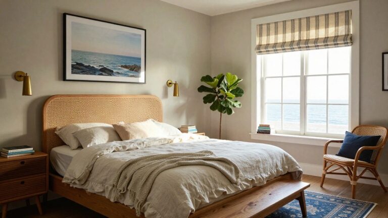 18 Stunning Luxury Bedroom Ideas That Feel Like a Retreat Corner of a bedroom with a low wooden bed frame featuring rattan headboard and white ruffled bedding, wooden nightstand, rattan armchair on a blue rug, windows with beige striped roman shades, coastal art, and potted plants.