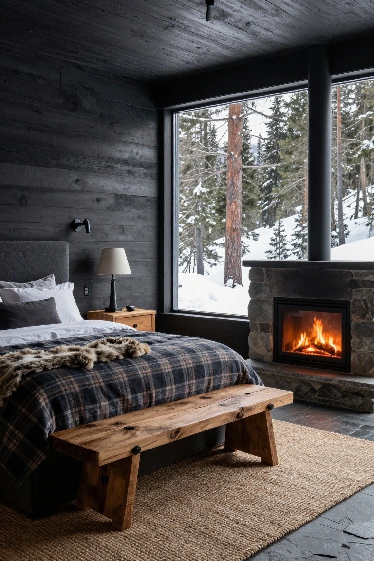Dark wood-paneled bedroom with gray upholstered headboard, white and gray bedding with plaid blanket and fur throw, wooden nightstand and lamp, wooden bench at bed foot, stone fireplace with burning logs next to bed, and large window showing snowy pine trees outside.