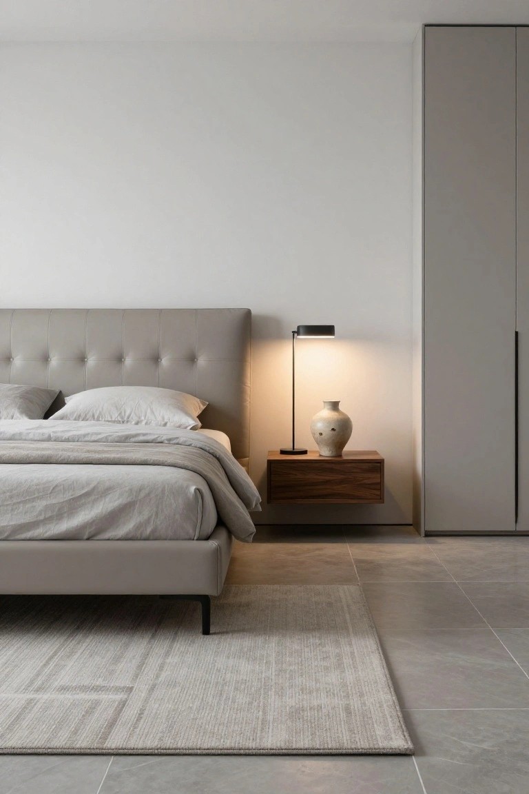 Modern bedroom with low gray tufted upholstered bed and white linens, floating walnut nightstand with black task lamp and ceramic vase, white walls, tall gray wardrobe doors, light gray rug on gray tile floor.
