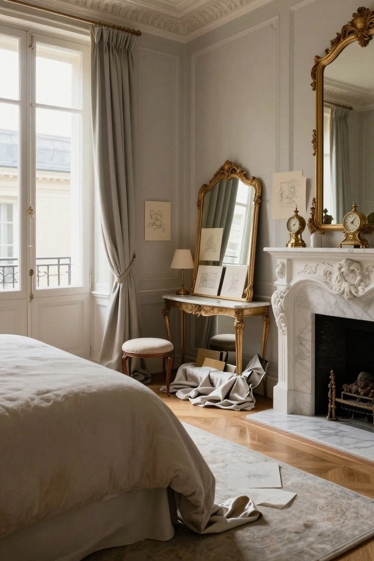 Corner of a light gray bedroom with white marble fireplace, gilded mirrors and clock on mantel, console table, upholstered stool, bed with rumpled white sheets, large windows with gray curtains, and parquet wood floor.