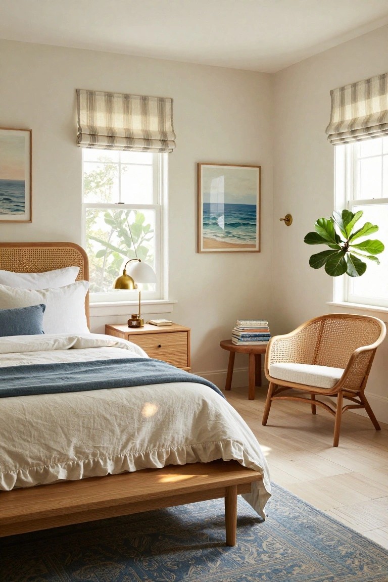 Corner of a bedroom with a low wooden bed frame featuring rattan headboard and white ruffled bedding, wooden nightstand, rattan armchair on a blue rug, windows with beige striped roman shades, coastal art, and potted plants.