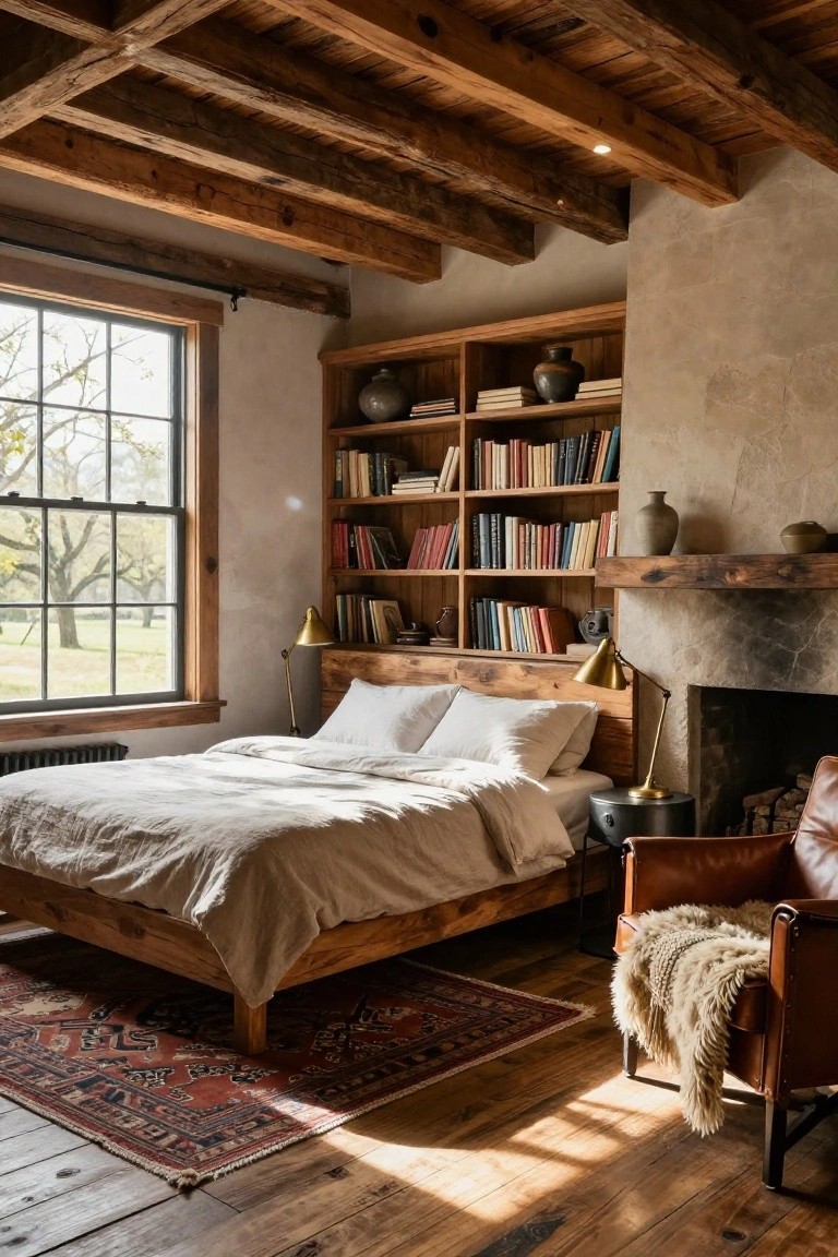 Bedroom interior with exposed wooden ceiling beams, built-in wooden bookshelves flanking a wooden bed frame with white linens, stone fireplace, brass lamps, leather armchair with throw, Persian rug, and large window showing trees and field.