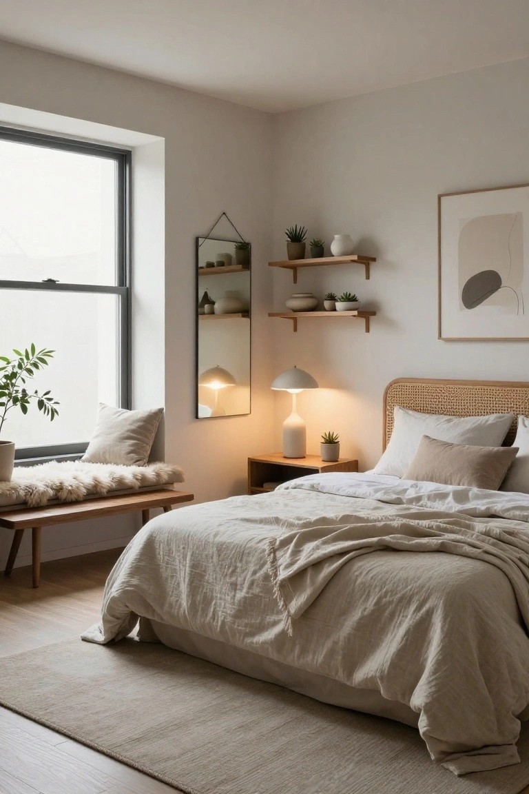 Corner of a light beige bedroom with rattan headboard bed draped in white linens, wooden nightstand and shelves holding plants and ceramics, window seat with sheepskin cushion, and two lamps providing soft light.