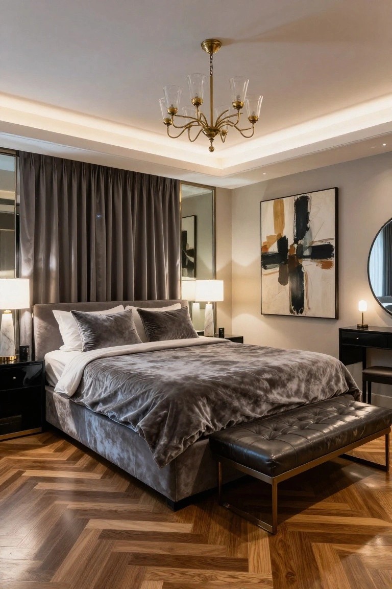 Modern bedroom interior with a low gray velvet upholstered platform bed, white duvet and pillows, flanked by marble-based lamps on black nightstands, gold chandelier overhead, abstract painting on wall, round mirror, black vanity, leather bench, and herringbone parquet wood floors.