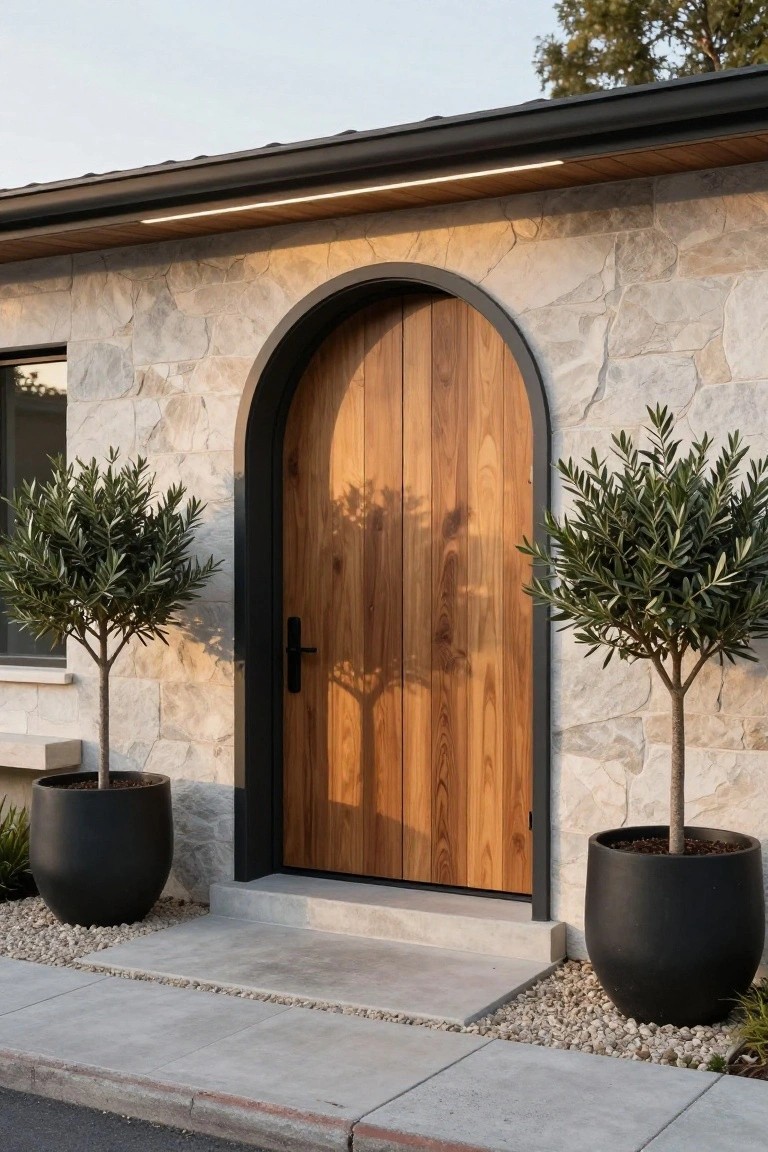 Arched wooden front door with black metal frame in a light stone wall, flanked by two potted olive trees in black containers on a concrete step and pathway.