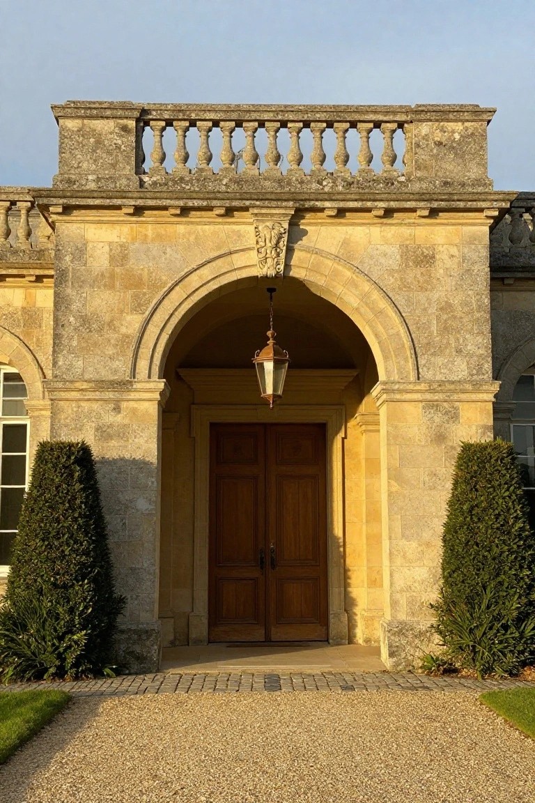 Stone arched entrance to a luxury home with wooden double doors, hanging lantern, balustrade above, topiary trees on sides, and gravel path leading up.