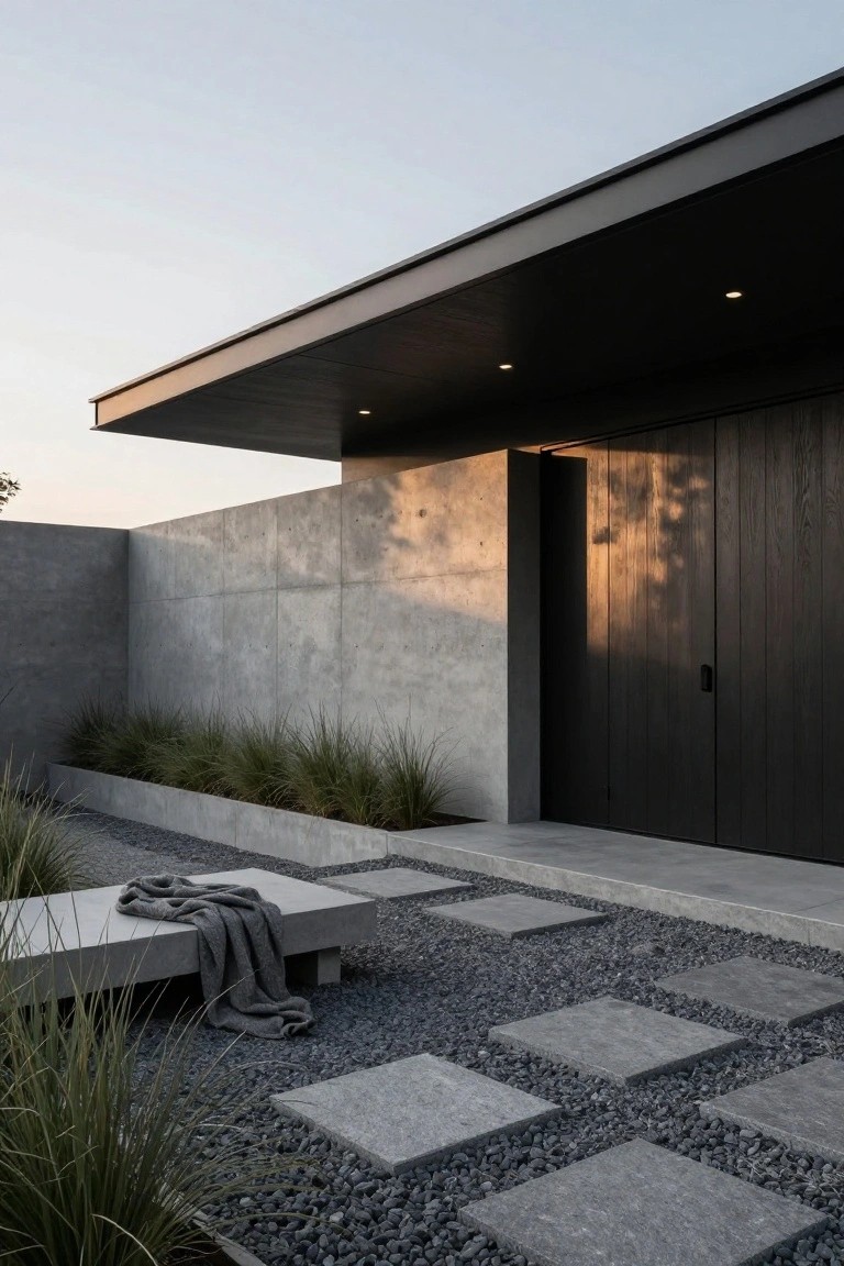 Modern house exterior entrance with tall gray concrete walls, recessed black vertical wood door under dark overhanging roof, gravel ground cover, gray stone pavers, concrete bench draped with gray blanket, and tall grasses in concrete-edged beds.