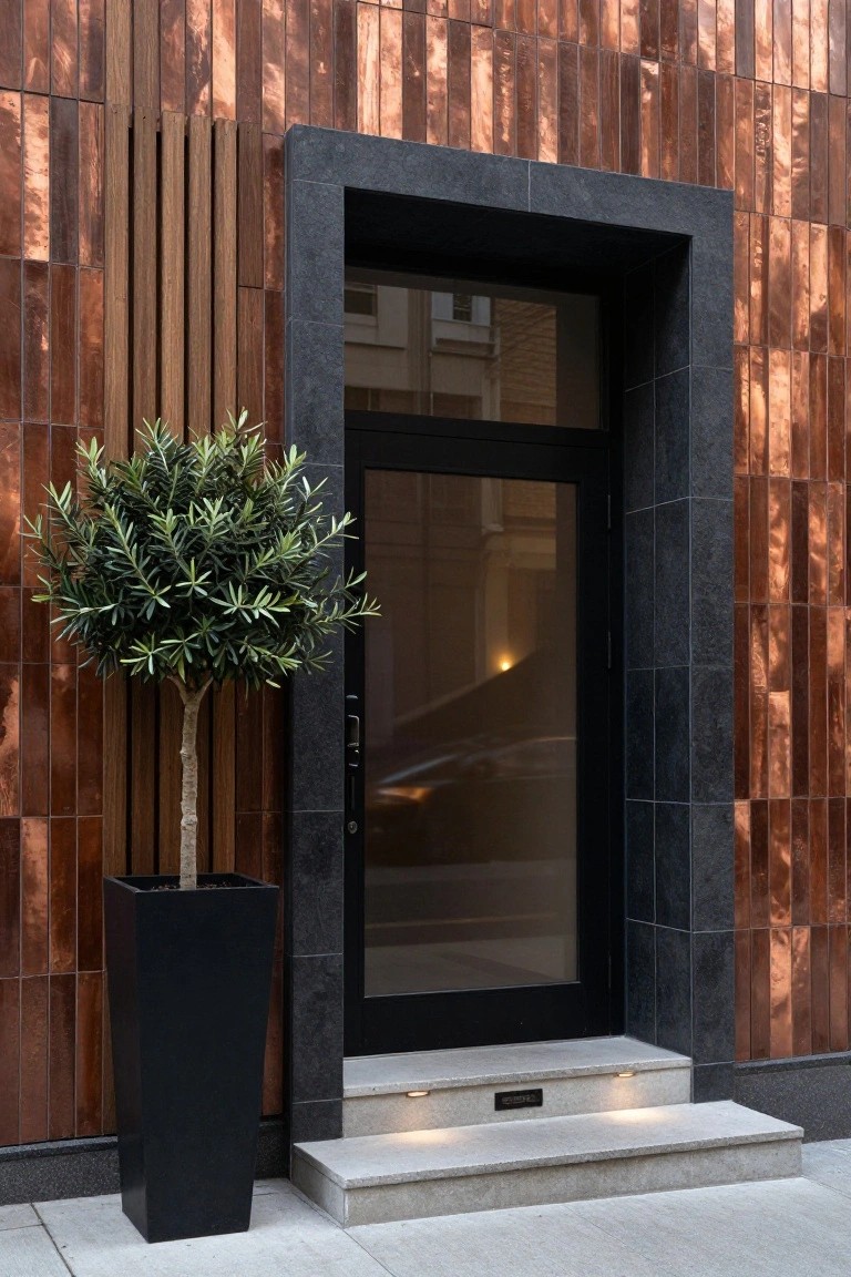 House entrance with vertical reddish copper wall panels, dark stone door frame, vertical wood slats, black glass door, potted olive tree in black container, and lit stone steps on a sidewalk.