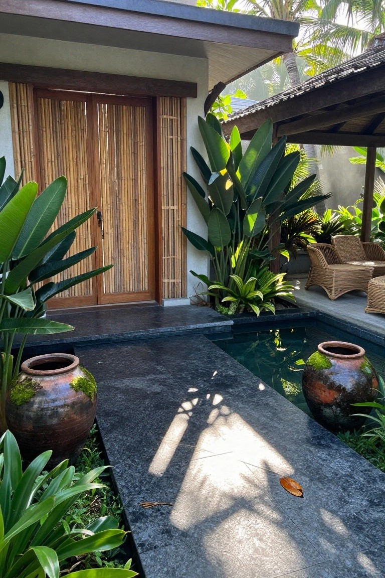 Black stone pathway leading to bamboo-screened wooden doors at a tropical home entrance, with a narrow rectangular reflecting pool adjacent to the path, flanked by tall bird-of-paradise plants and large moss-covered terracotta pots.